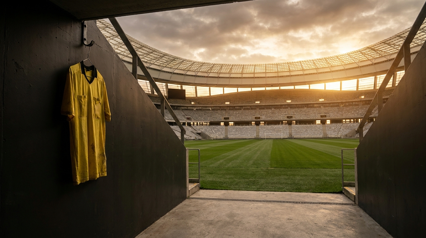 Maillot d'arbitre jaune suspendu dans un tunnel de stade vide