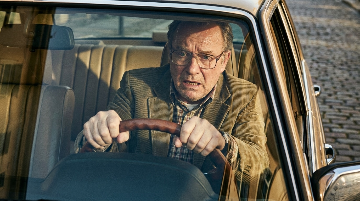 Homme âgé au volant avec une expression de panique