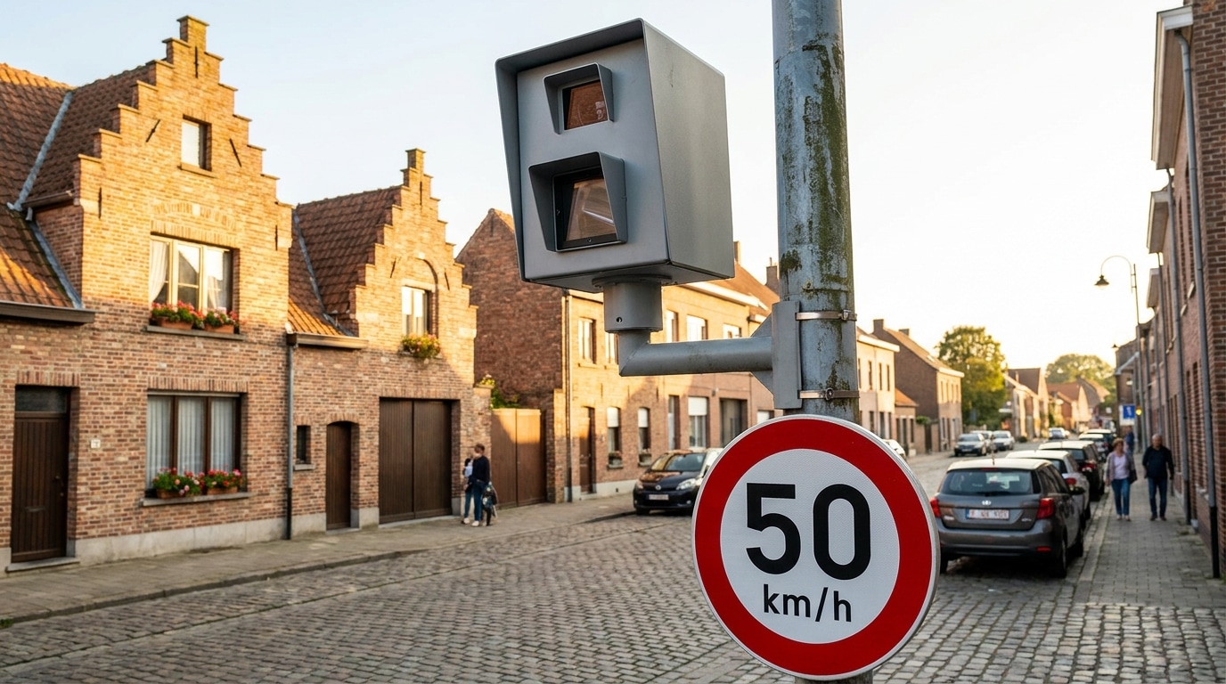 Radar de vitesse et panneau 50 km/h en zone résidentielle belge
