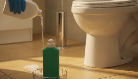 Main versant de la javel dans une cuvette de toilettes