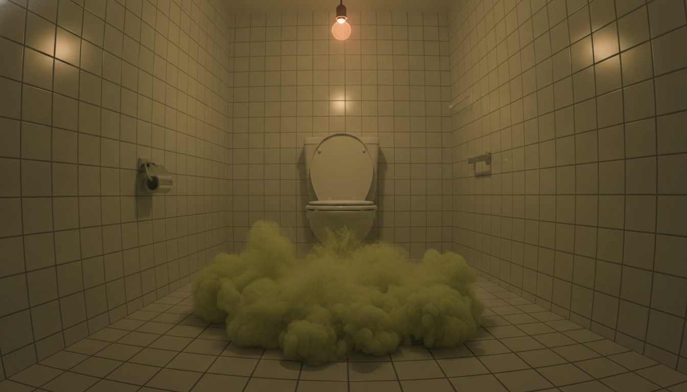 Gaz verdâtre stagnant au sol dans des toilettes exiguës