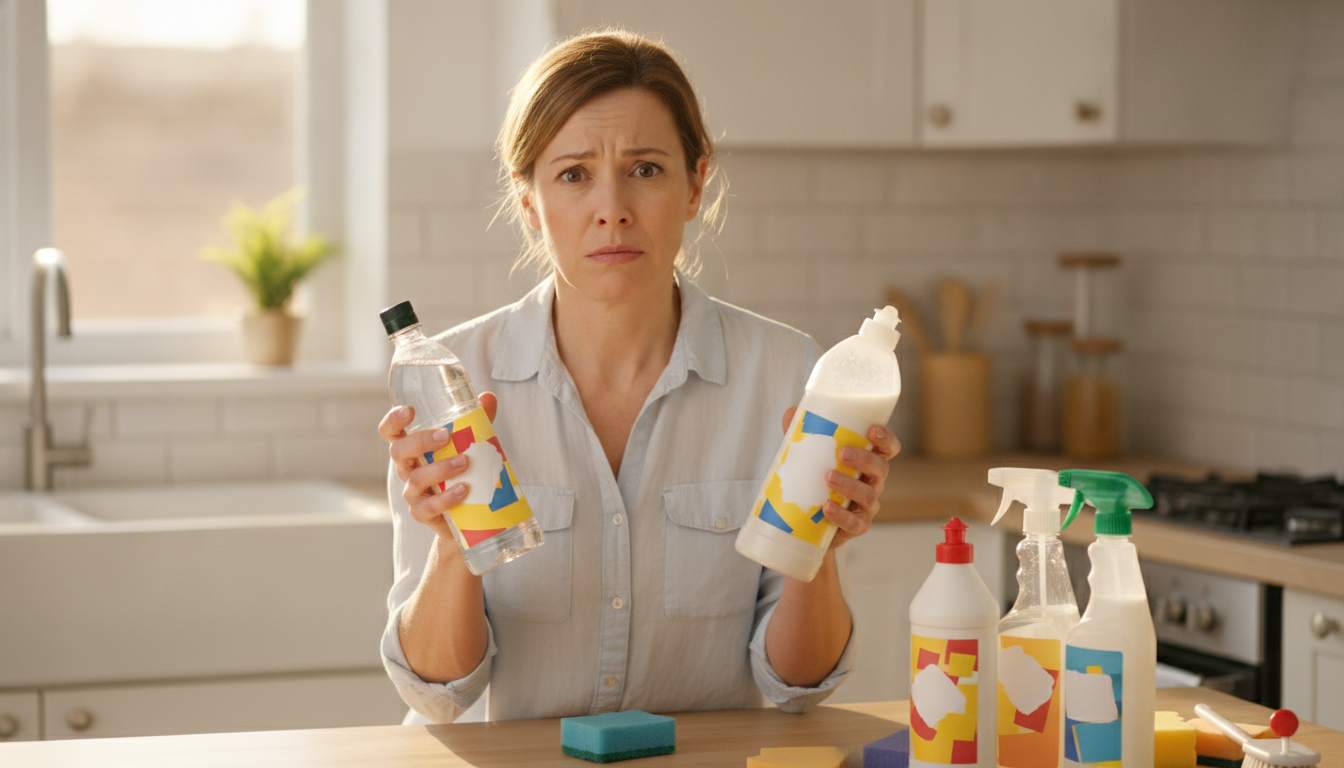 Femme hésitant entre vinaigre blanc et javel pour le ménage