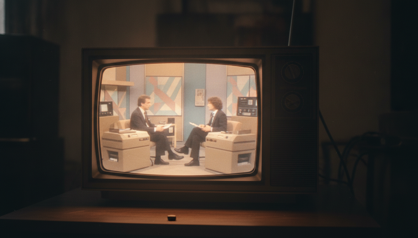 Écran de télévision vintage diffusant une interview télévisée des années 1990