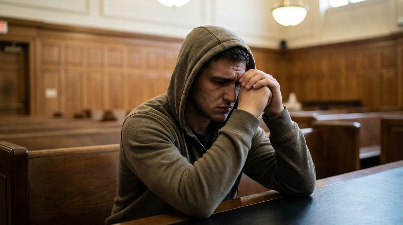 Jeune homme tête baissée sur un banc de tribunal