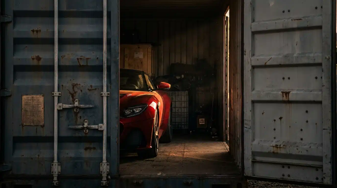 Voiture de sport rouge dans un conteneur industriel