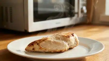 Morceau de poulet réchauffé au micro-ondes dans une assiette