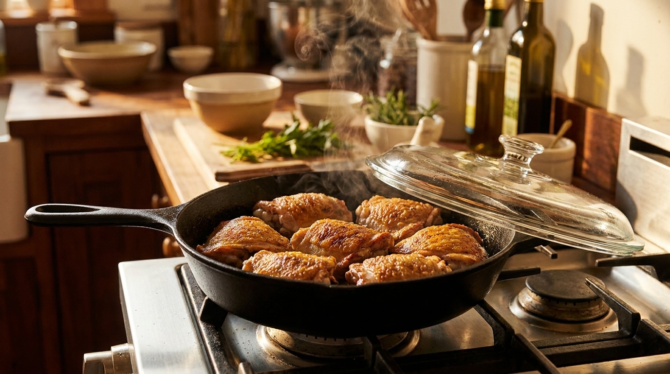 Cuisses de poulet dorées réchauffées dans une poêle couverte