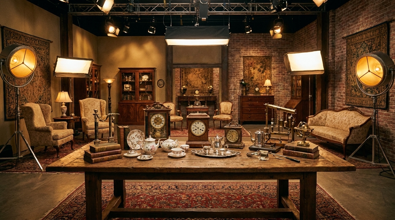 Plateau de télévision avec objets anciens disposés sur une table, décor vintage d'émission d'antiquités