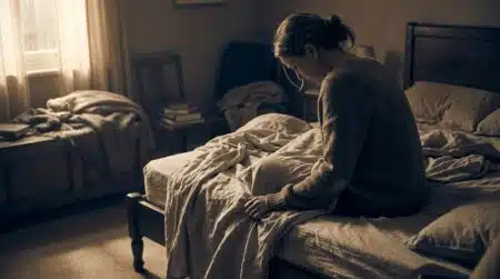 Femme assise seule au bord d'un lit dans la pénombre
