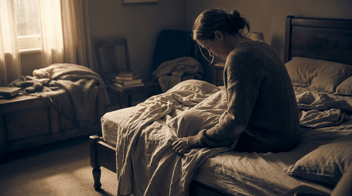 Femme assise seule au bord d'un lit dans la pénombre