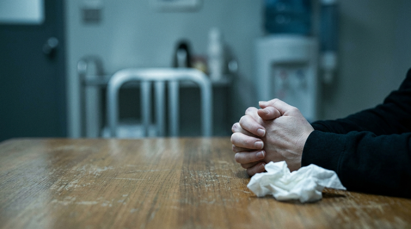 Mains crispées d'une femme sur une table en bois