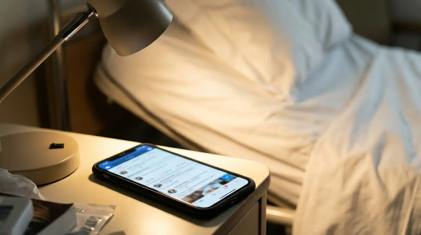 Smartphone posé sur une table de chevet d'hôpital affichant un réseau social