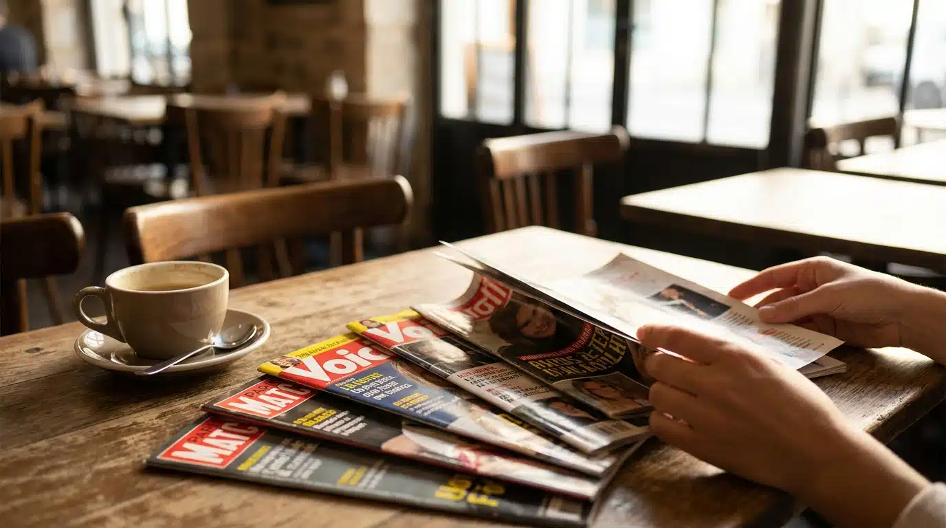 Magazines people ouverts sur une table de café