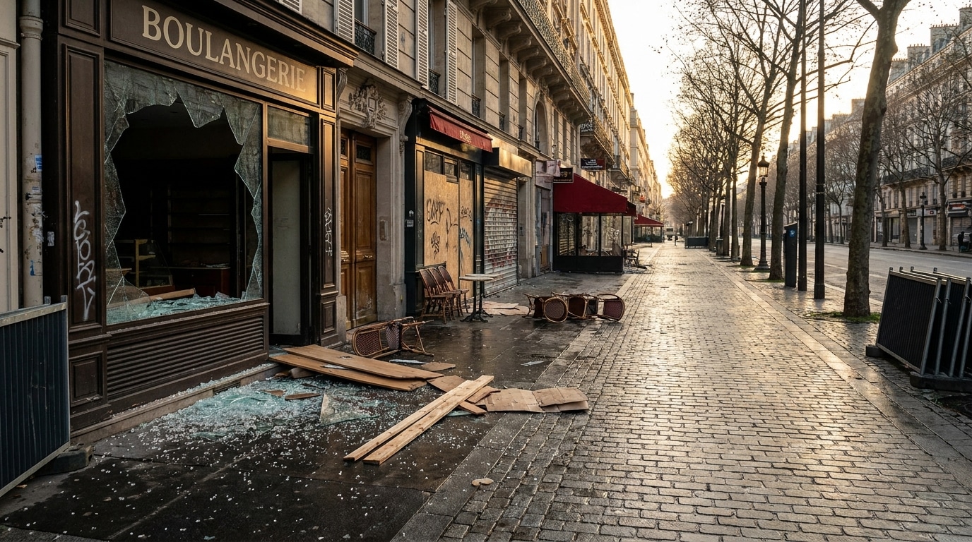 Vitrine brisée et débris dans une rue parisienne au matin
