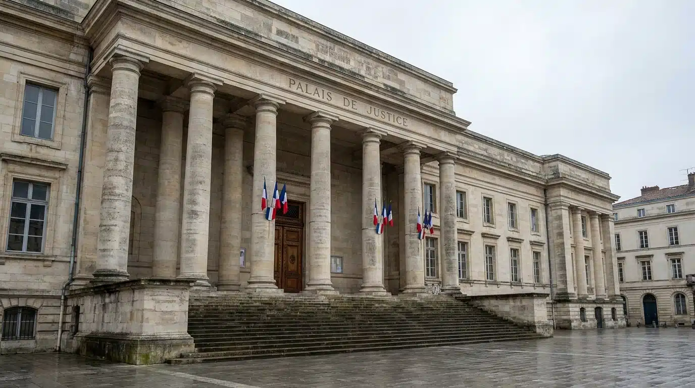 Façade d'un palais de justice français avec escaliers et colonnes