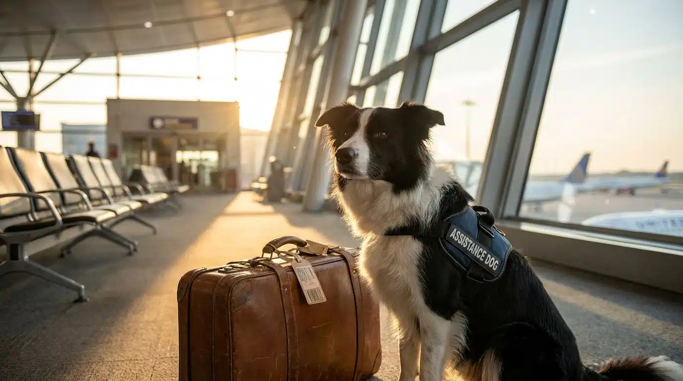 Border collie avec gilet d'assistance assis près d'une valise en aéroport