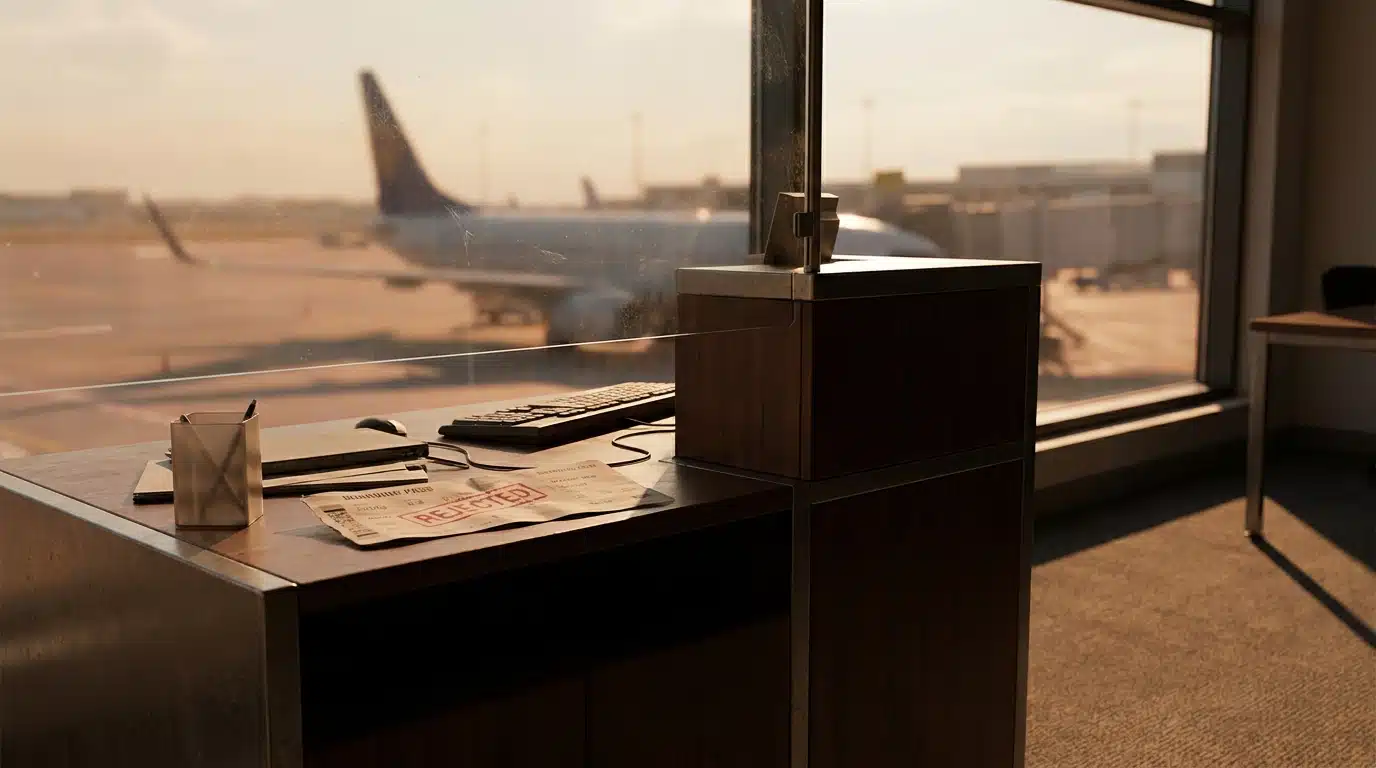 Document de refus d'embarquement posé sur un comptoir de porte d'avion