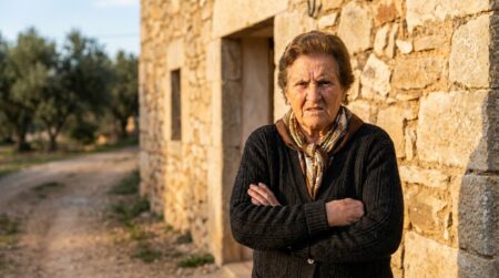 Femme âgée déterminée devant une maison de village espagnol
