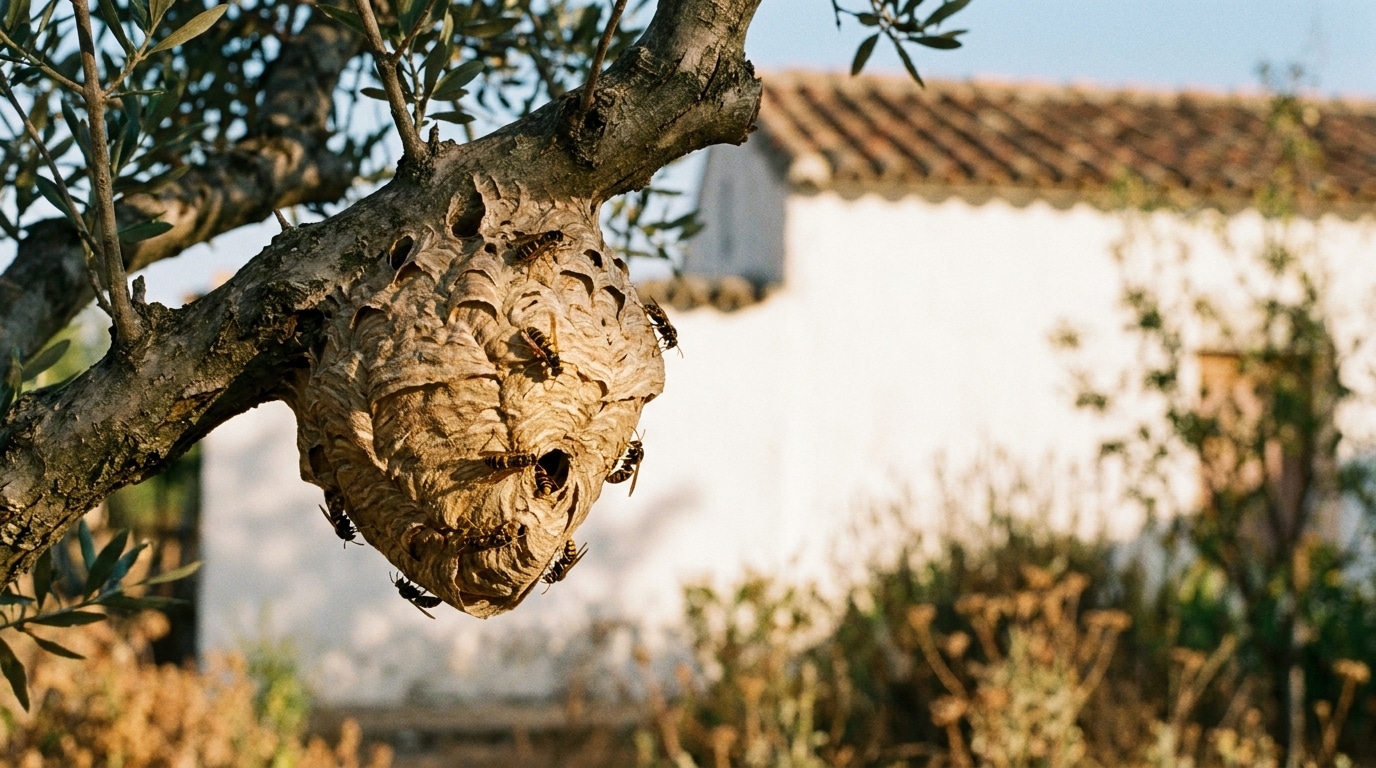 Nid de guêpes accroché à une branche dans un jardin méditerranéen