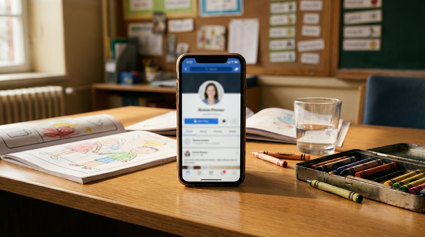 Smartphone posé sur un bureau d'institutrice avec crayons