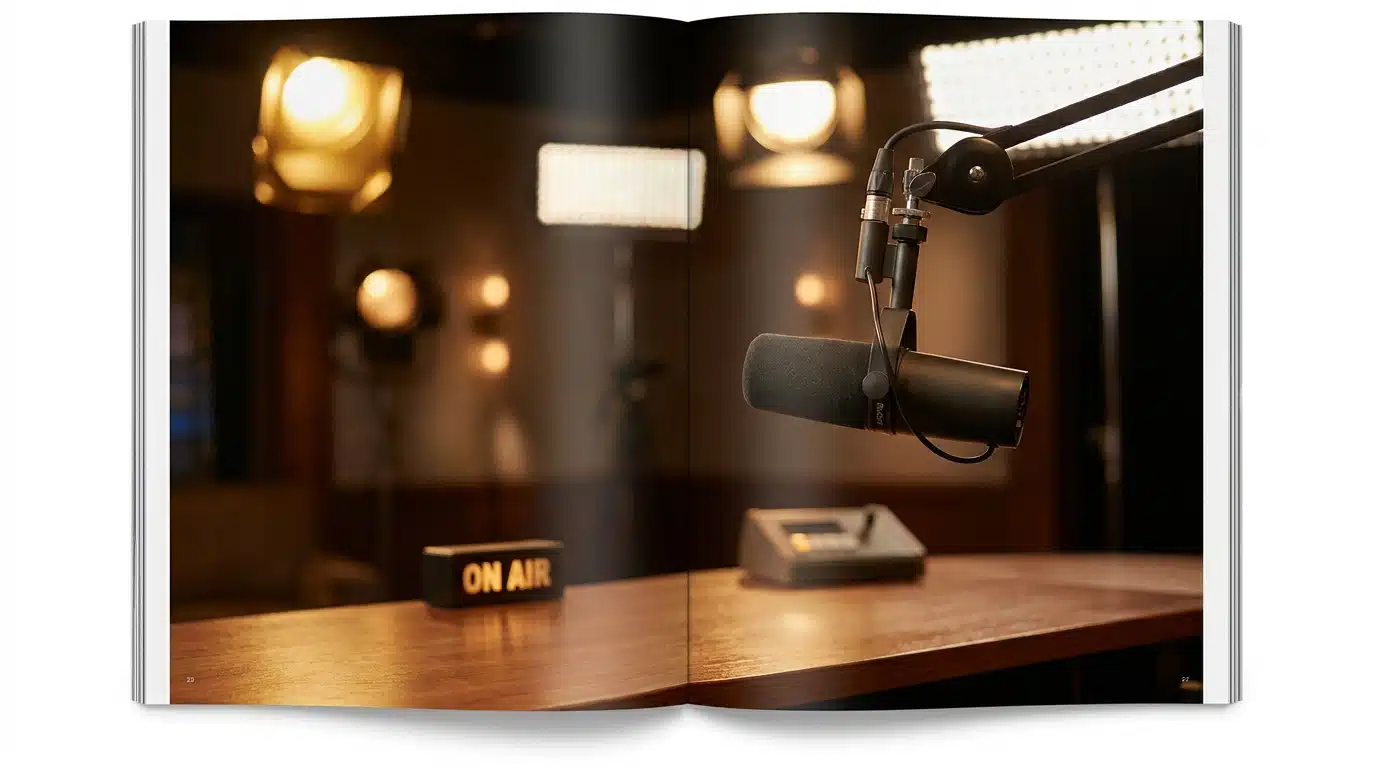 Microphone posé sur un bureau de talk-show télévisé