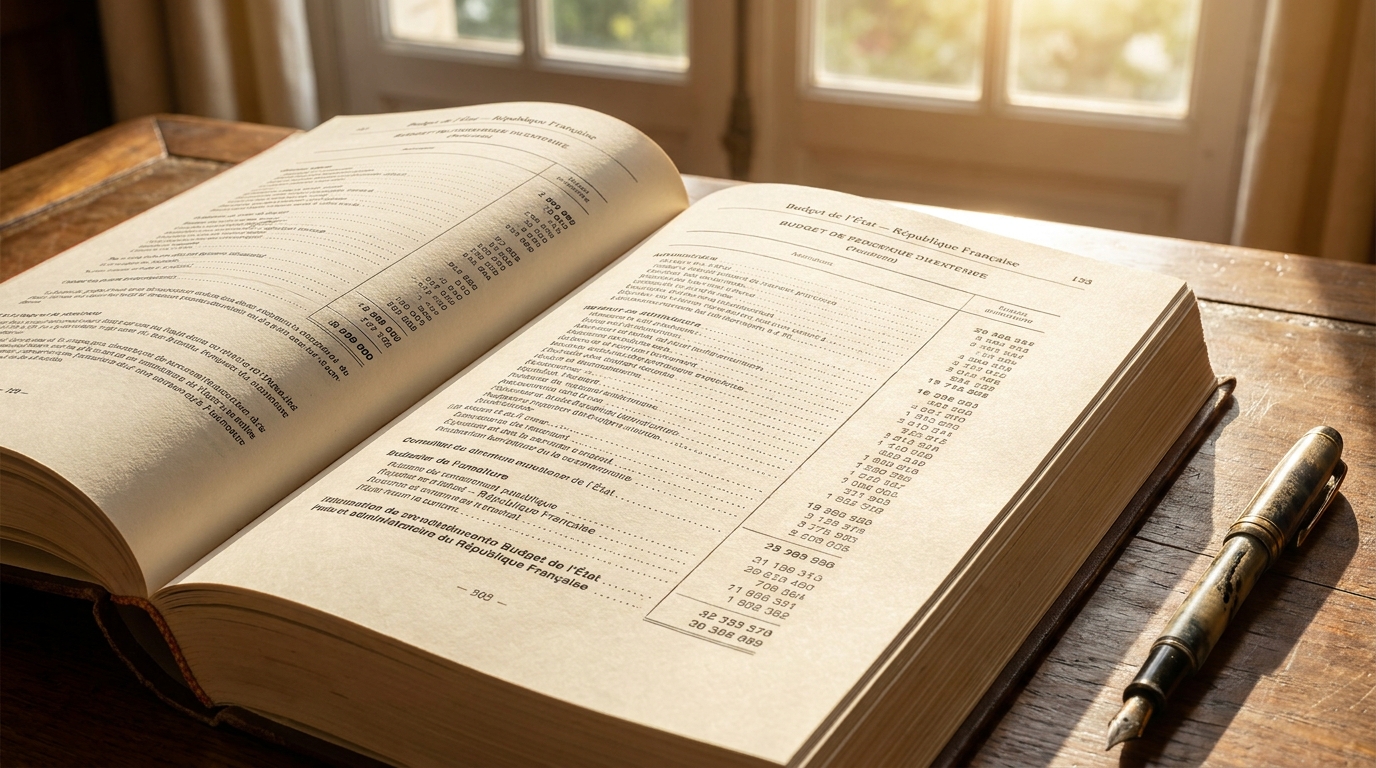 Document budgétaire officiel ouvert sur un bureau en bois
