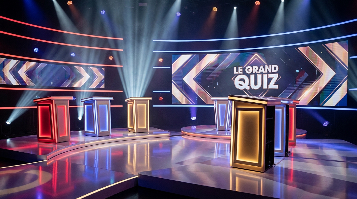 Plateau de jeu télévisé vide avec lumières colorées et ambiance de studio