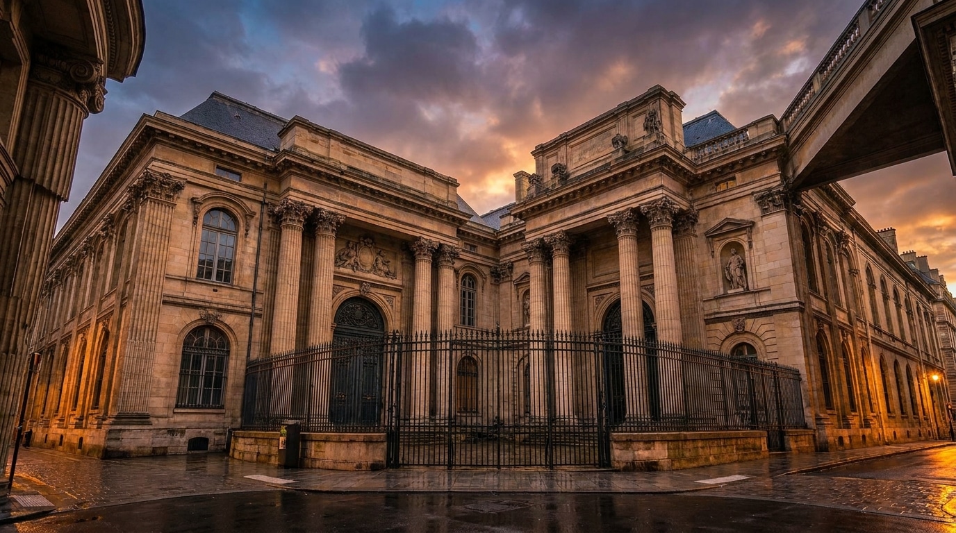 Façade d'un palais de justice français au crépuscule