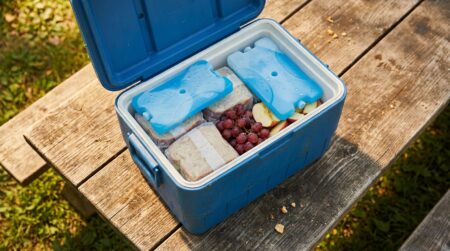 Glacière ouverte avec pains de glace posés sur les aliments
