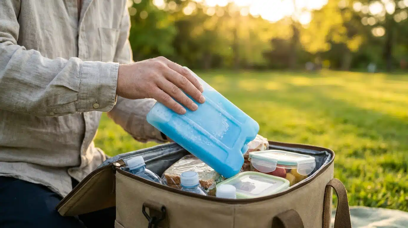 Mains plaçant un pain de glace sur des aliments dans une glacière