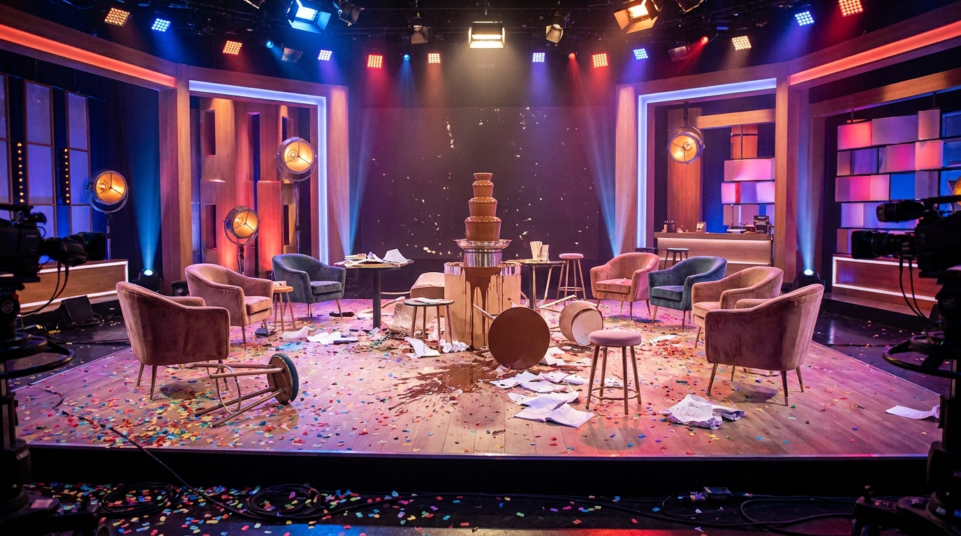 Plateau de télévision avec projections de chocolat lors d'un direct chaotique