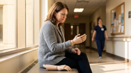 Femme avec prothèses aux mains dans un couloir lumineux