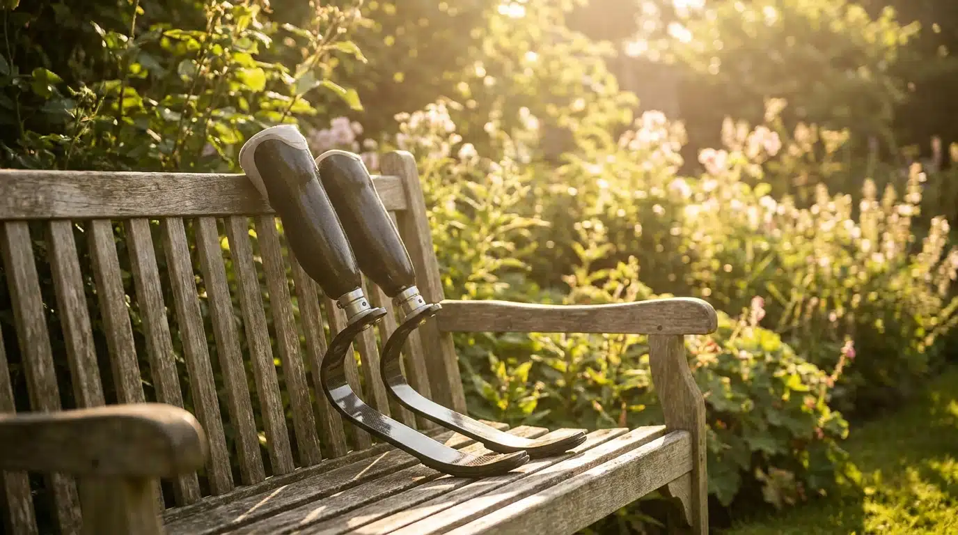 Prothèses de jambes et lames de course sur un banc en bois
