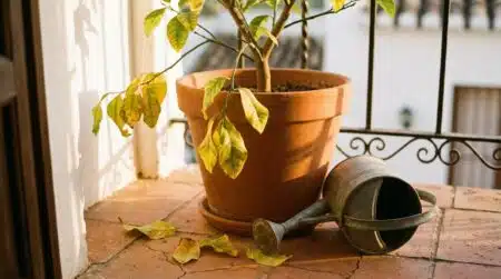 Citronnier en pot aux feuilles jaunies sur un balcon ensoleillé