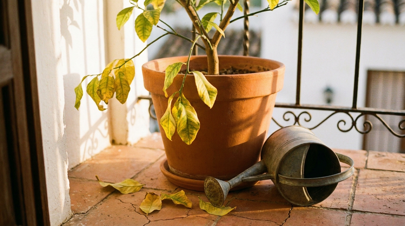 Citronnier en pot aux feuilles jaunies sur un balcon ensoleillé