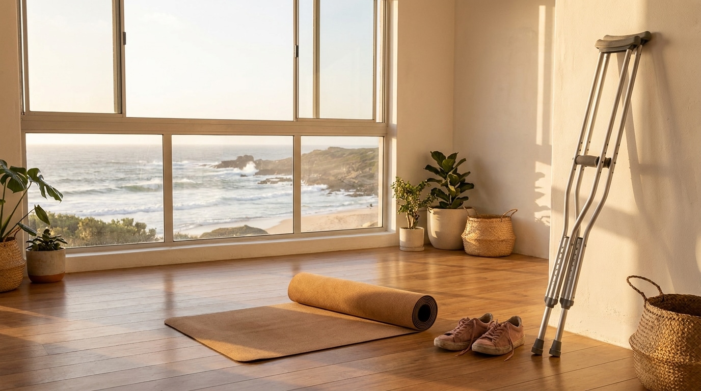 Studio de yoga lumineux avec tapis et baskets roses au sol, béquilles appuyées contre le mur