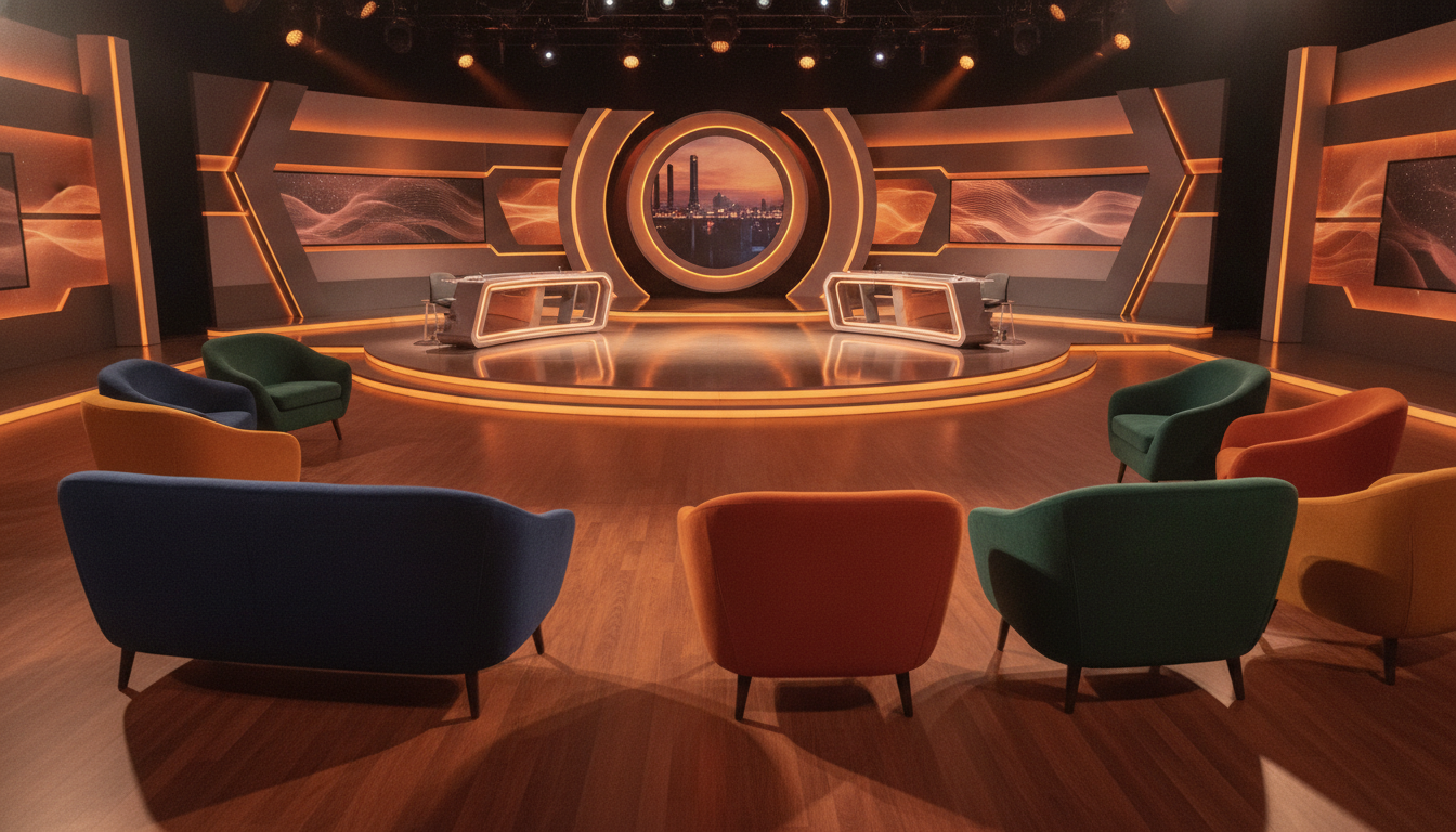Plateau de télévision vide dans l'ambiance d'une émission française de talk-show
