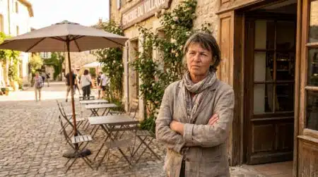 Commerçante devant son épicerie sur une place de village