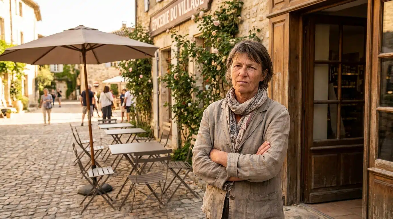 Commerçante devant son épicerie sur une place de village