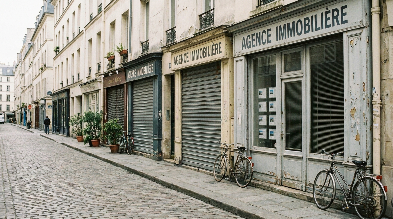 Devantures d'agences immobilières fermées dans une rue française