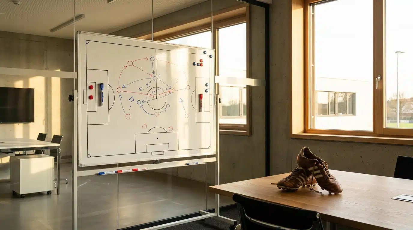 Tableau tactique de football et crampons sur un bureau
