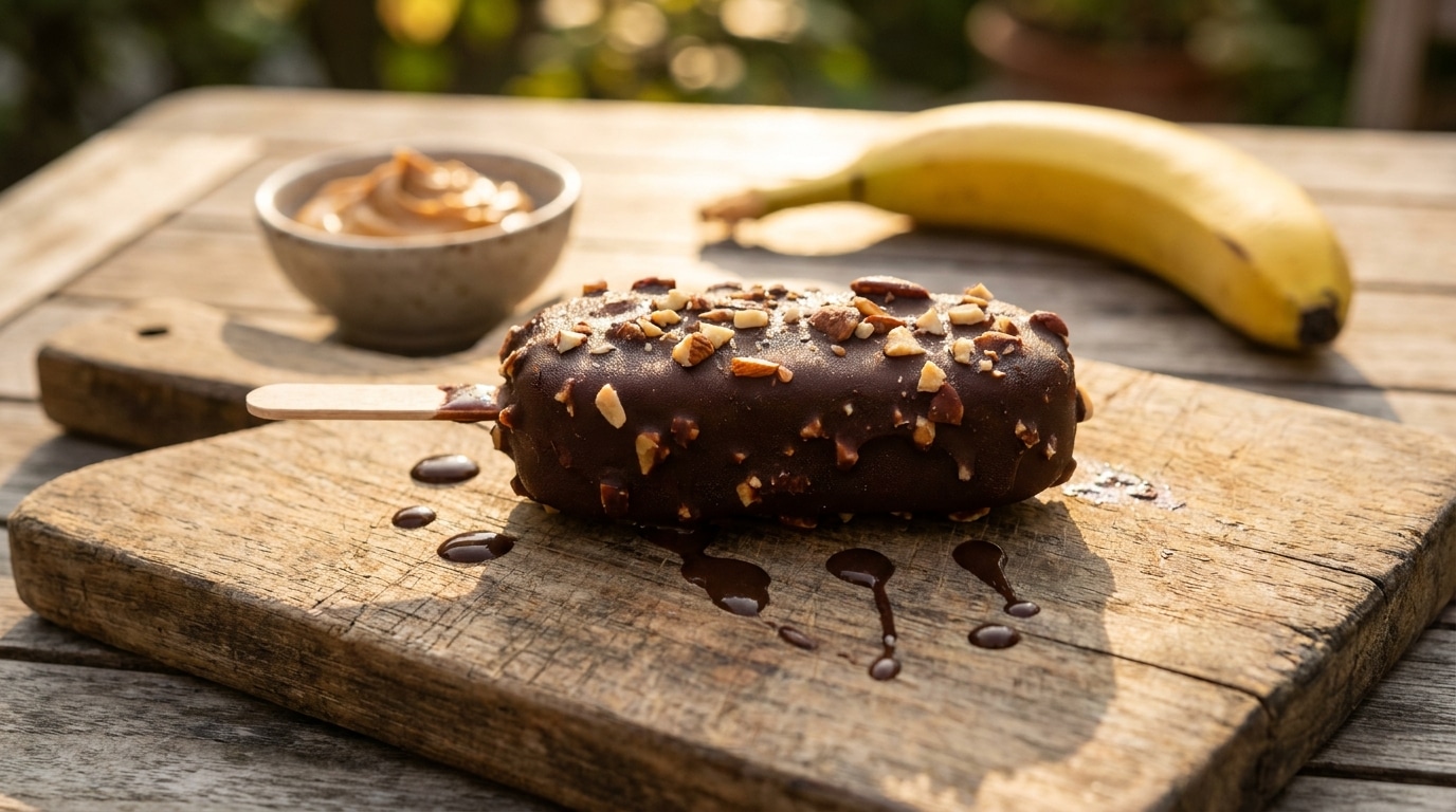 Bâtonnet de glace maison enrobé de chocolat noir sur planche en bois