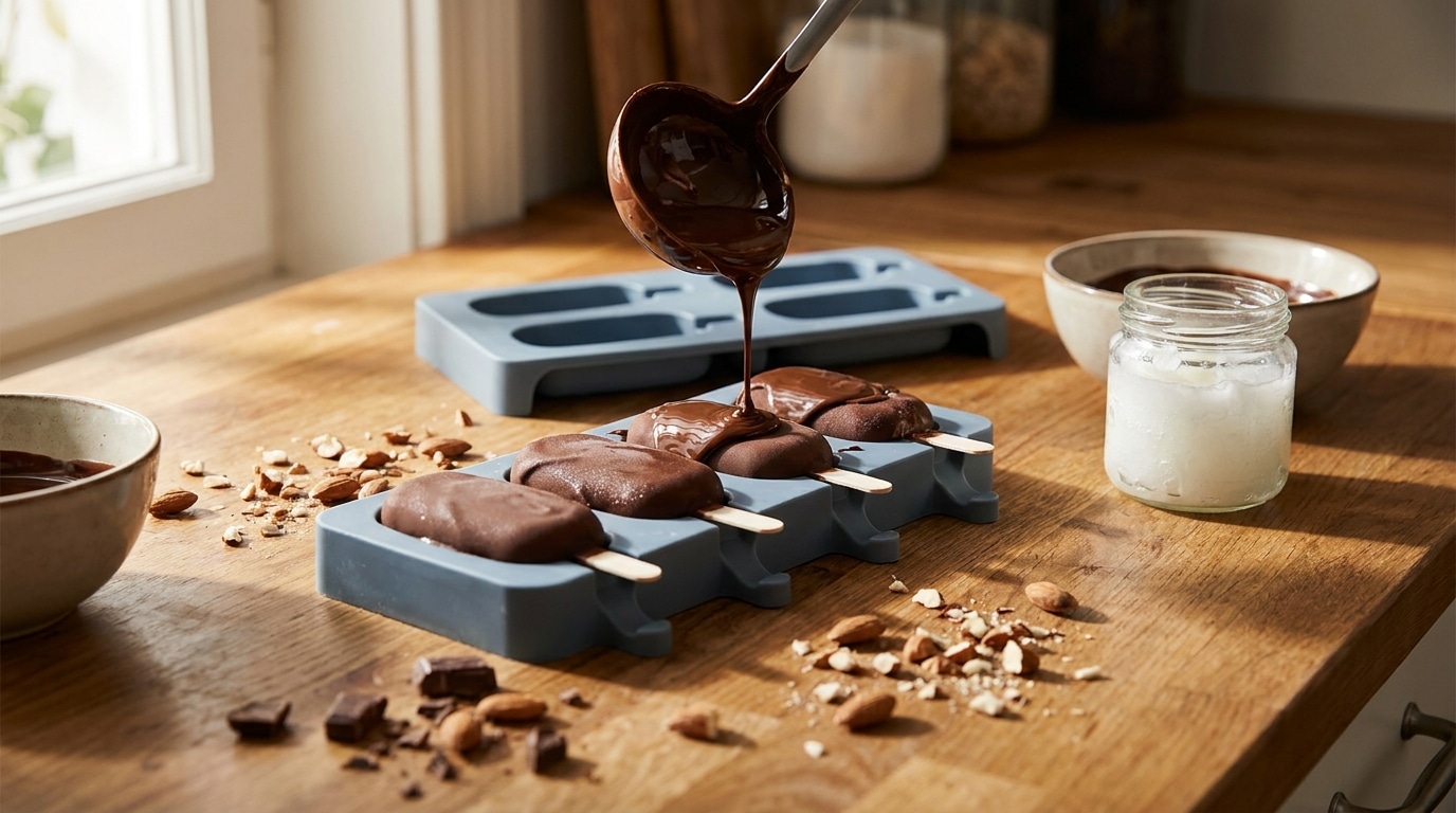 Chocolat fondu versé sur des glaces dans des moules en silicone