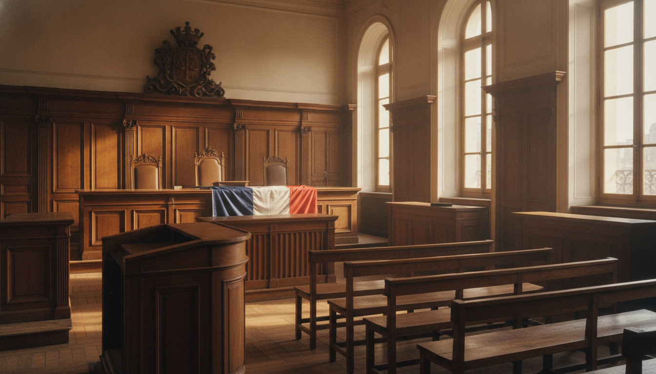 Salle d'audience vide d'une cour d'appel française lors du procès Plaza
