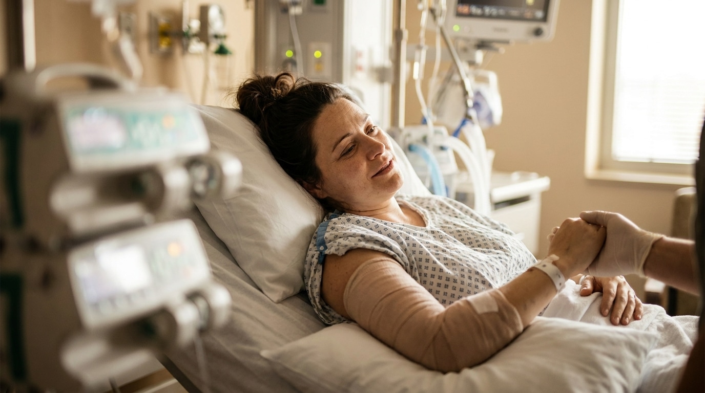 Femme allongée dans un lit de soins intensifs avec un bras amputé