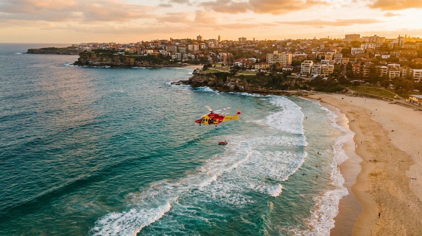 Vue aérienne de la plage de Coogee Beach à Sydney avec hélicoptère de secours