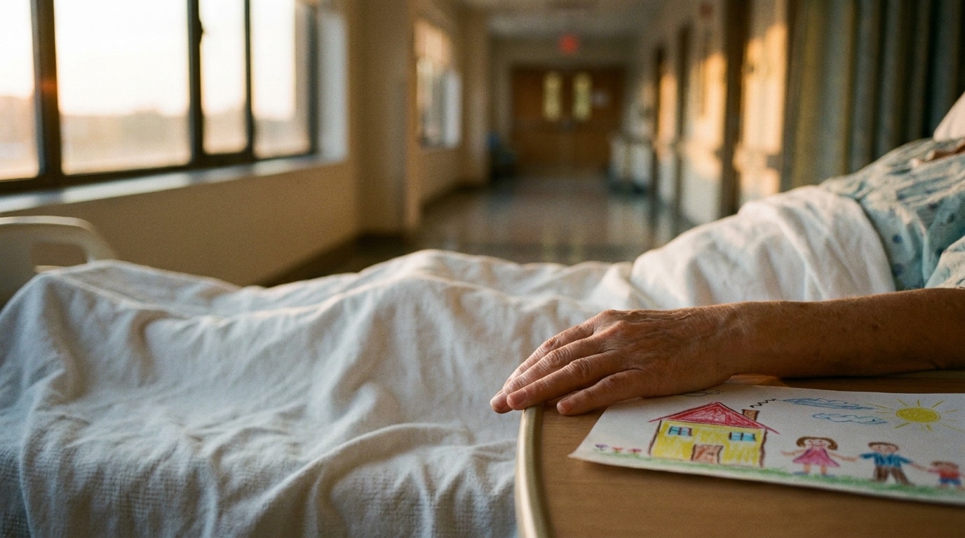 Main d'une patiente posée sur des draps blancs d'hôpital
