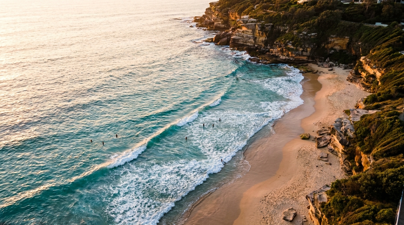 Vue aérienne d'une plage de Sydney avec baigneurs près du rivage