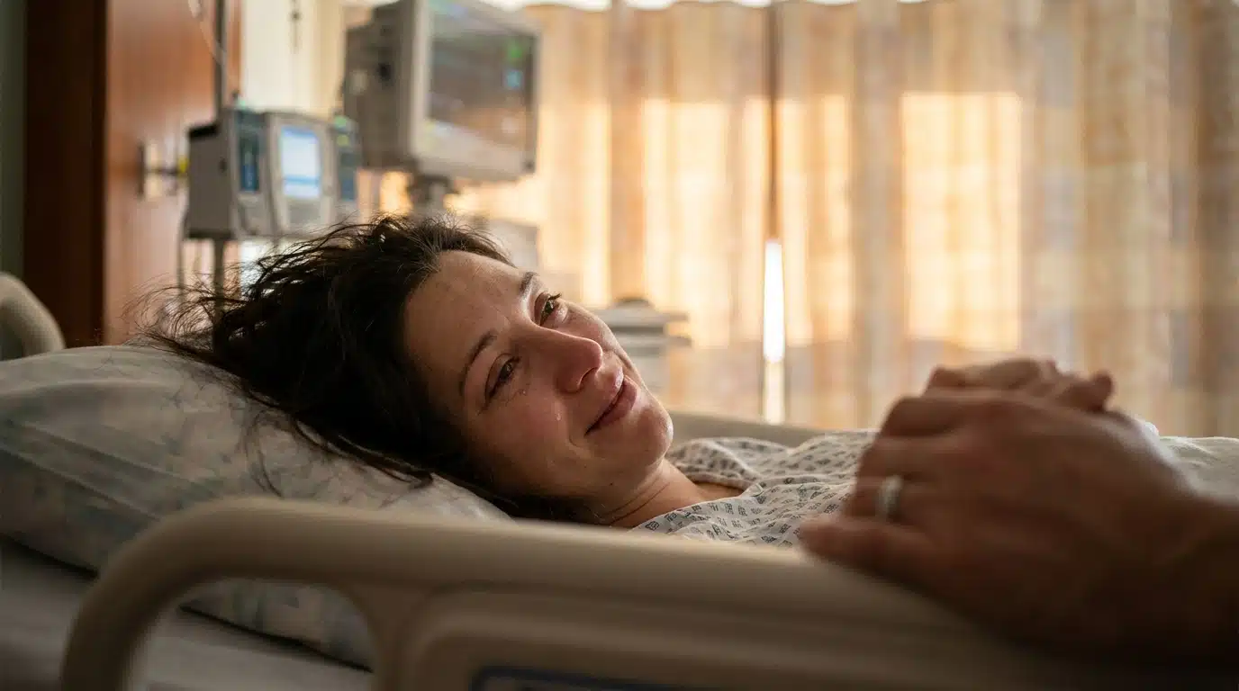 Femme allongée dans un lit d'hôpital, regard fragile et main tenue