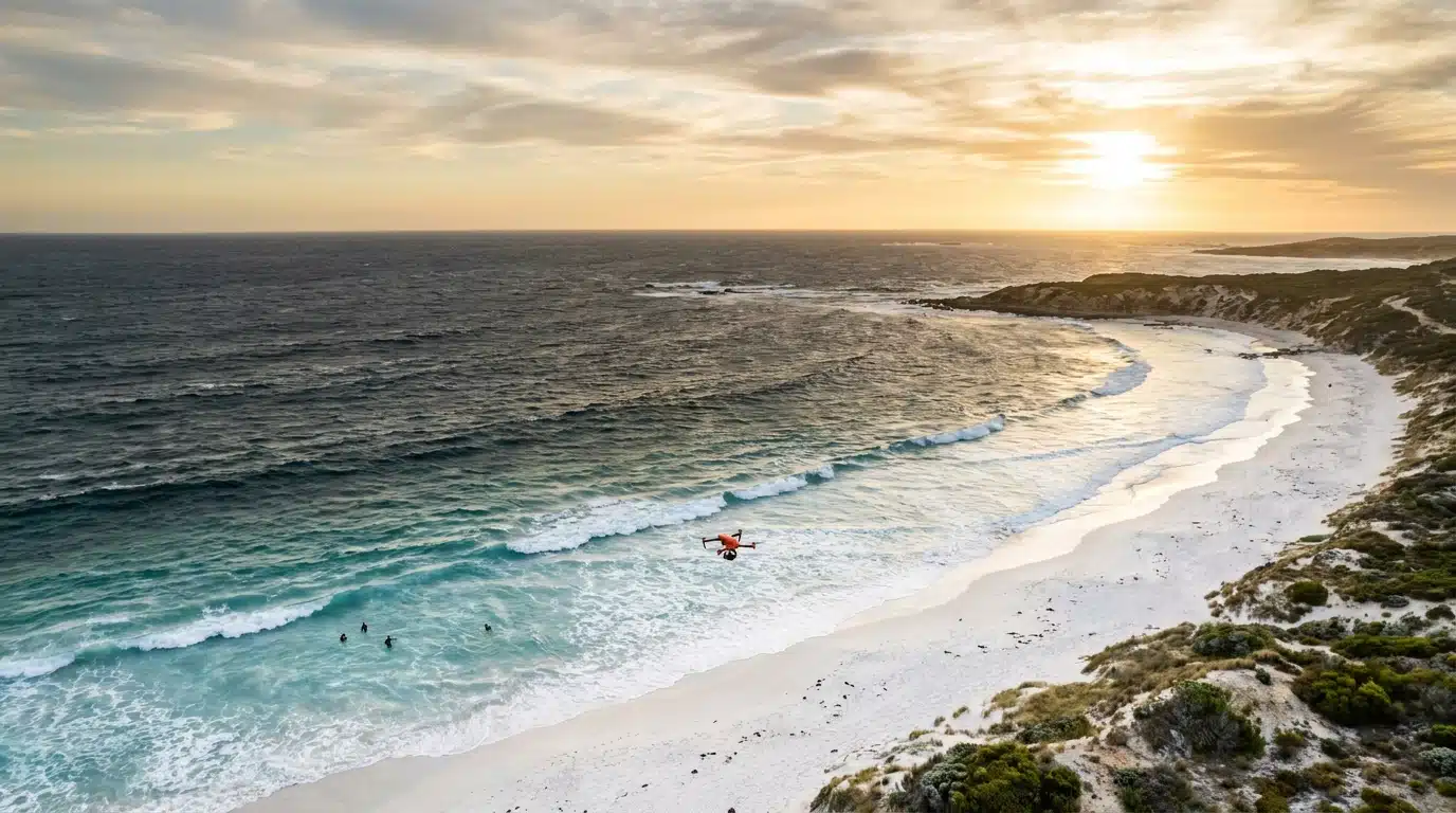 Vue aérienne d'une plage australienne avec nageurs près du rivage
